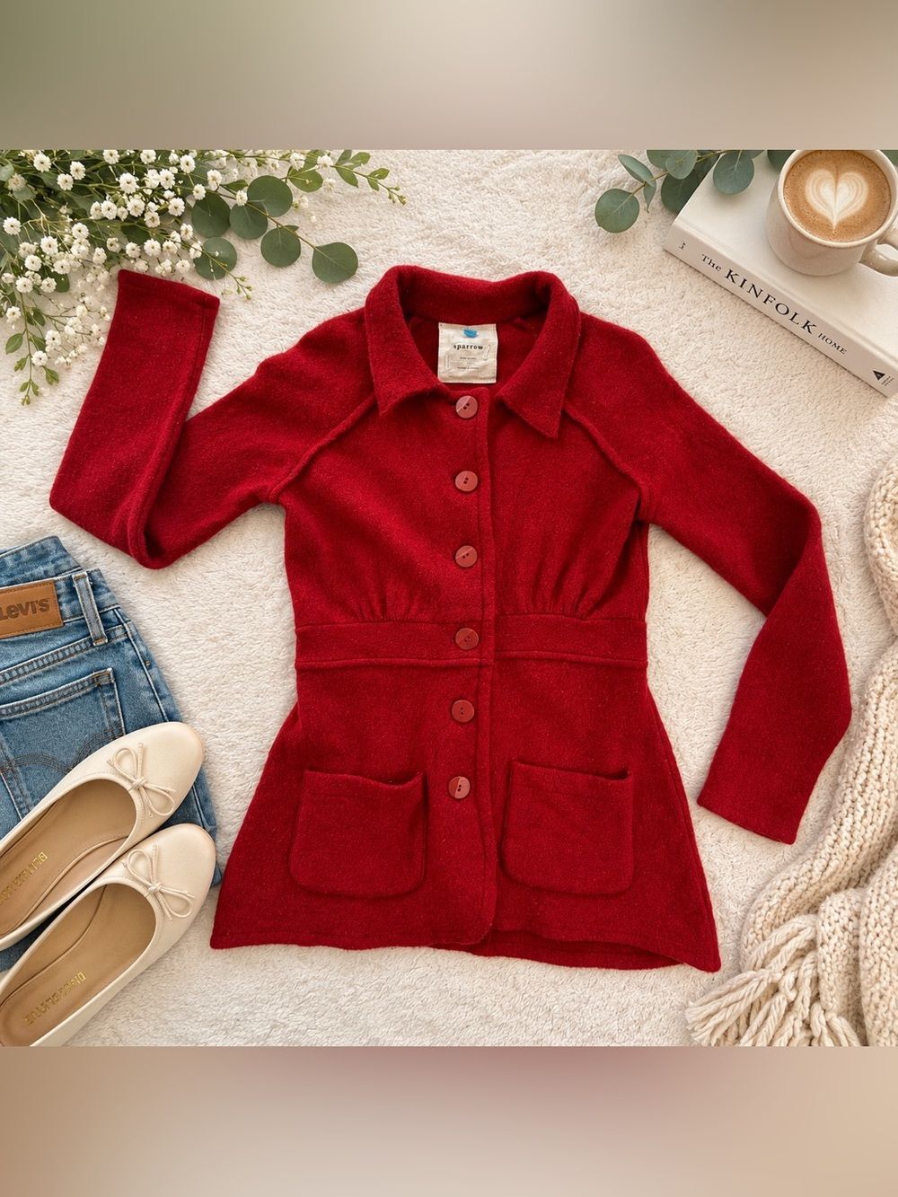 Sparrow 100% Wool Red Button Front Jacket Collared Pockets Size S